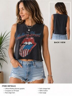 The Rolling Stones Cropped Cut Off Tank Top Black American Flag Graphic Size L